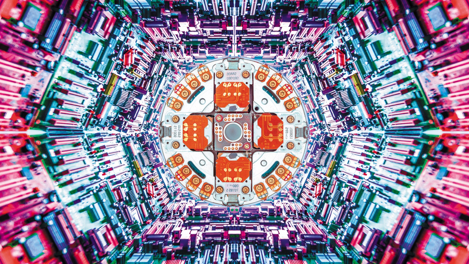 A vibrant, colorful illustration of microchips and processors inside a computer