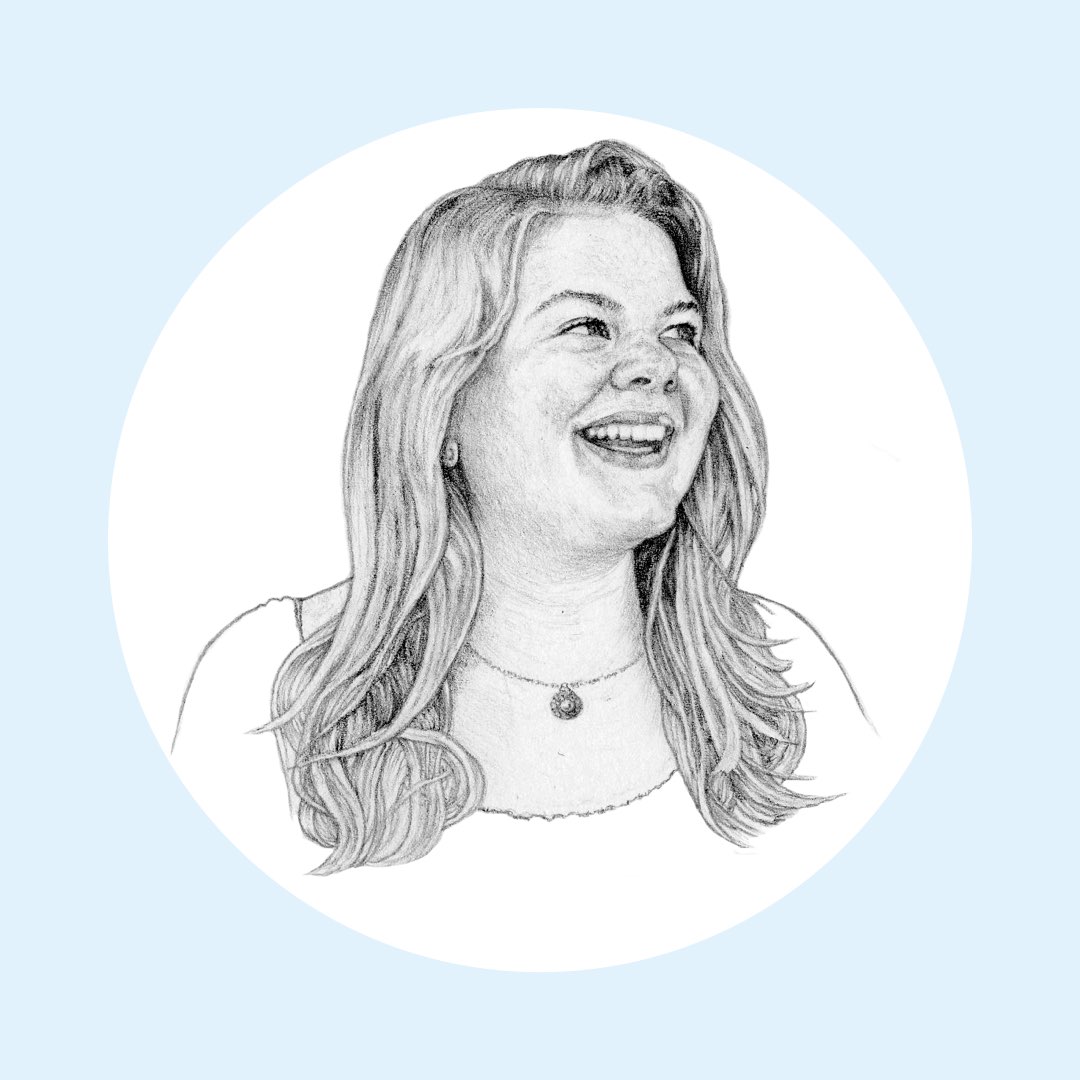 Black-and-white pencil illustration of Villanova School of Business senior Kathy Kalata, female student