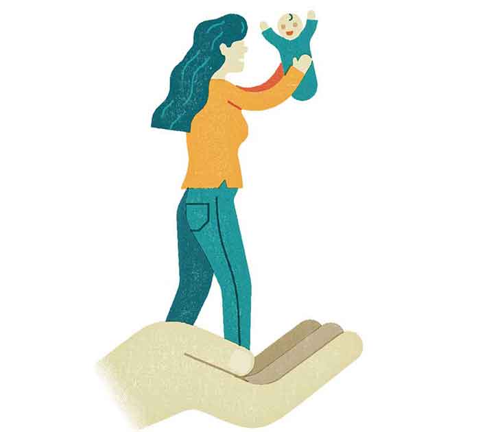 Illustration of a hand holding a woman who’s holding a baby