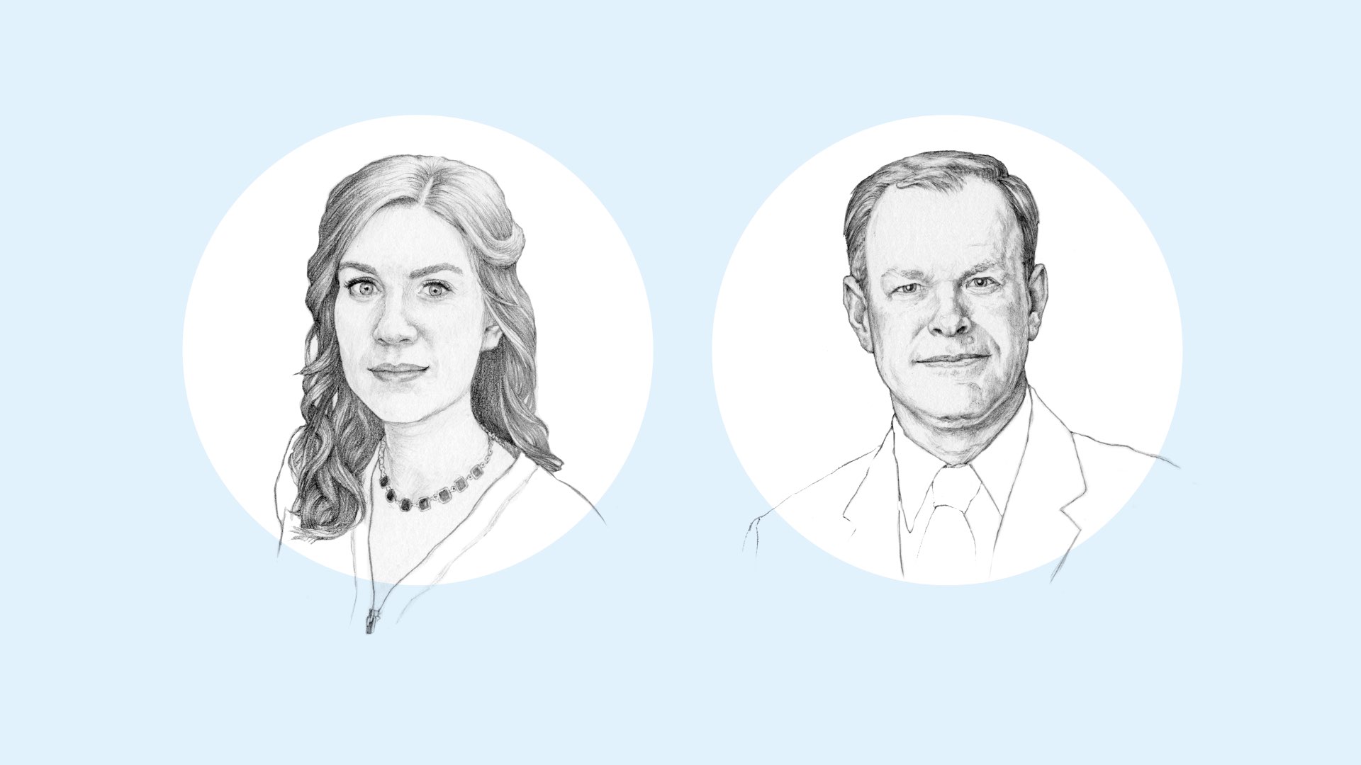 Illustrations of the panelists at the Charles Widger School of Law symposium on sports law.