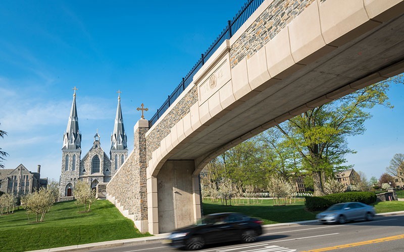 lancaster-bridge A view of the Villanova Church with the pedestrian bridge in the foreground.