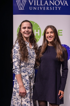 Nika Kirillova (left) took first place at the 2025 Villanova 3MT Competion, and Valerie Lallo took second place and won the People's Choice award.