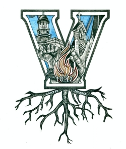 The Rooted Project logo image of a V filled with Villanova buildings and roots growing from bottom