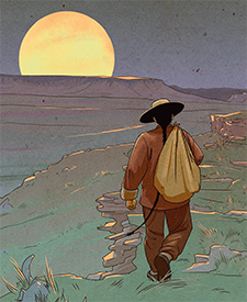 An illustration by Rich Lee. A Chinese man walks in the Montana wilderness under a large moon.