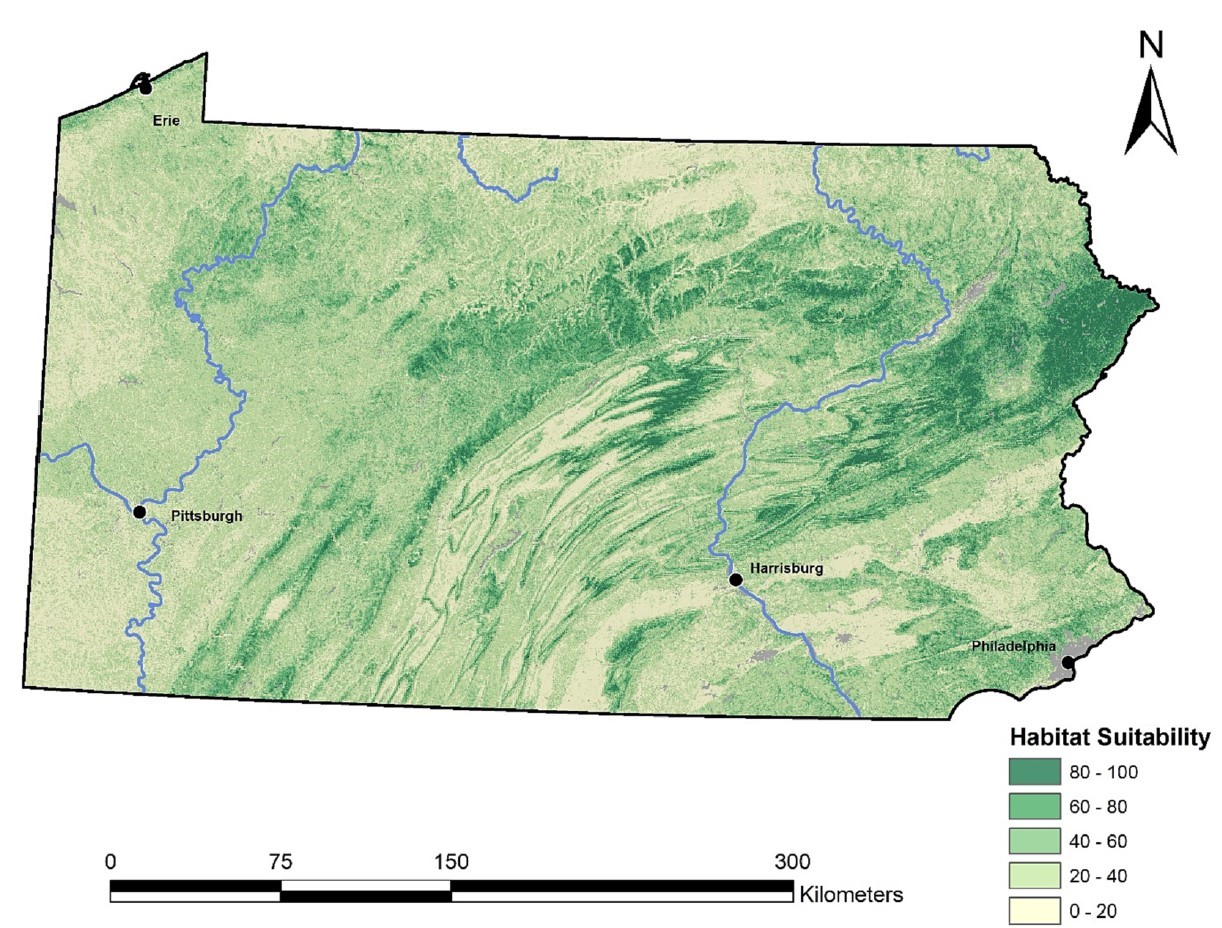A broad view of Henderson’s Pennsylvania American chestnut suitability map, originally published in the journal Forest and Ecology Management. A broad view of Henderson’s Pennsylvania American chestnut suitability map, originally published in the journal Forest and Ecology Management.