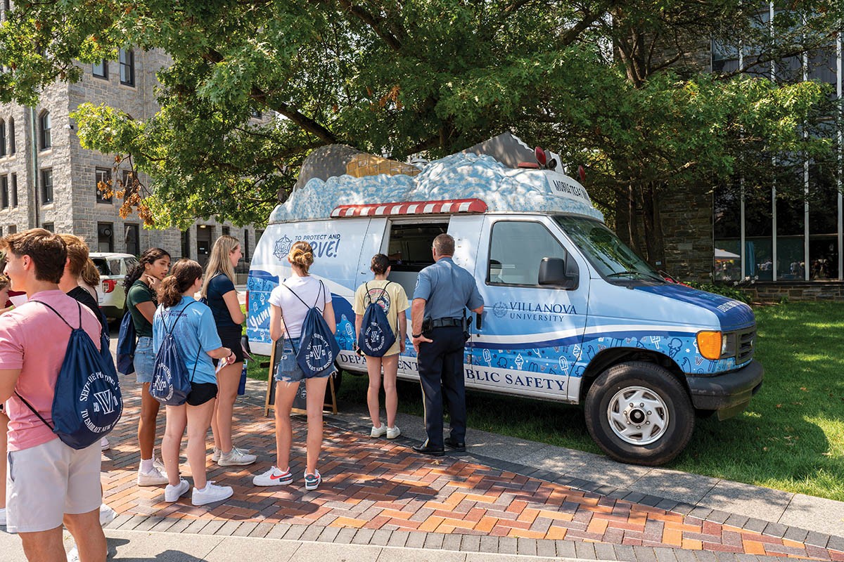 Villanova's Mobile Treat Unit Students gathering outside an ice cream truck