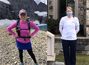 Andrea Goodrich dual pics Andrea Goodrich hiking and also seen in her FCN nursing student uniform outside Driscoll Hall