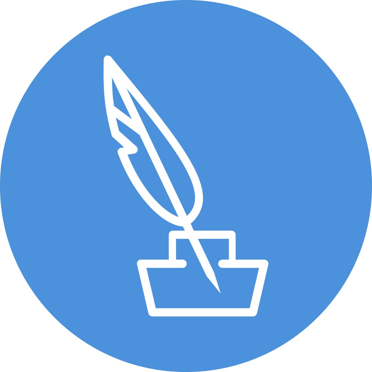 Icon of quill pen in an ink bottle.