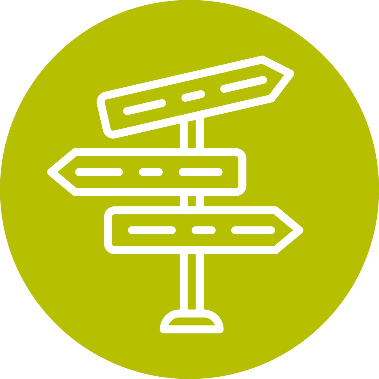 Icon of a crossroads sign with signs pointing in three directions.