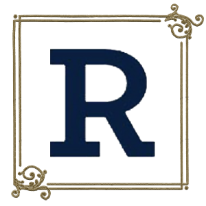 Image of the letter R in a script font with gold filigree surrounding it