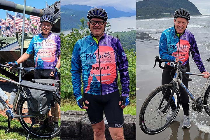 Cyclist William Kleemeier wearing cycling clothing and a helmet