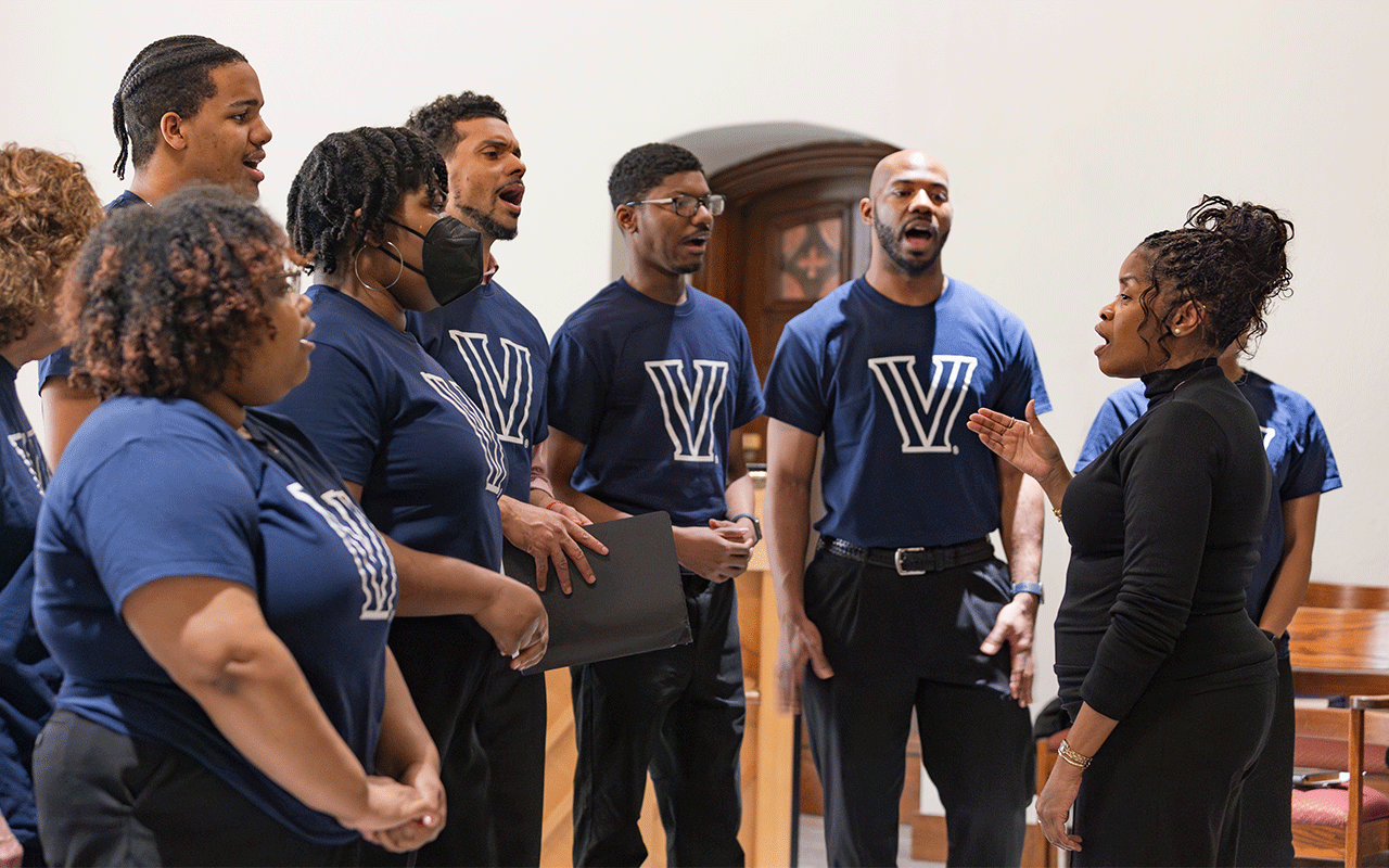Members of the Villanova Gospel Choir led by their director Ruth Elizabeth Winslow